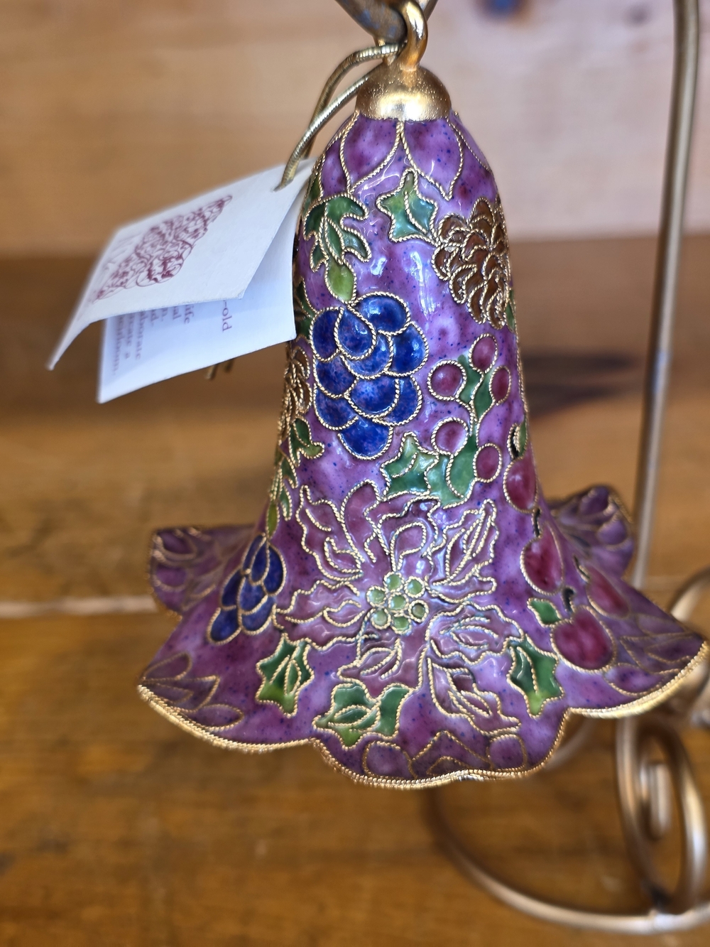 NYCG Purple and Gold Floral Cloisonné Bell Ornament with Pink and Green Accents